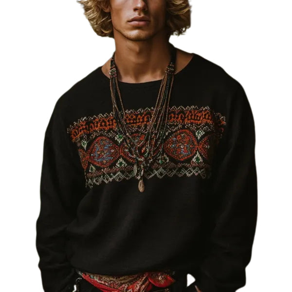 Herren-Oberteil im Bohemian-Urlaubsstil, Vintage-Stil, bedrucktes Leinen, lässig, langärmelig 