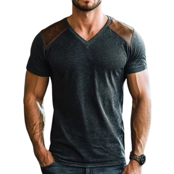 Men's Retro Casual Leather Stitching Short Sleeve T-Shirt
