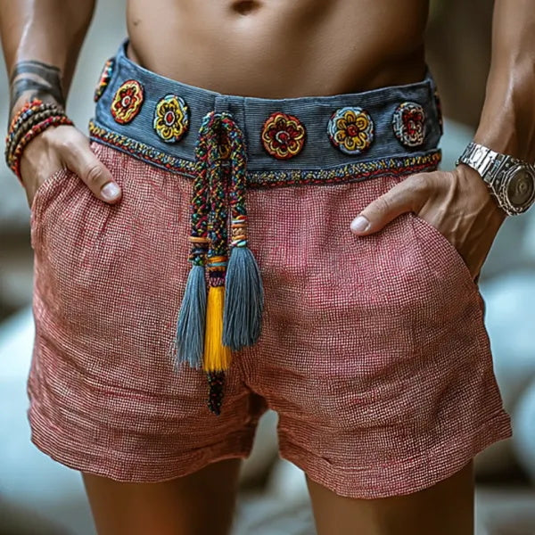 Men's Bohemian Panel Holiday Linen Shorts