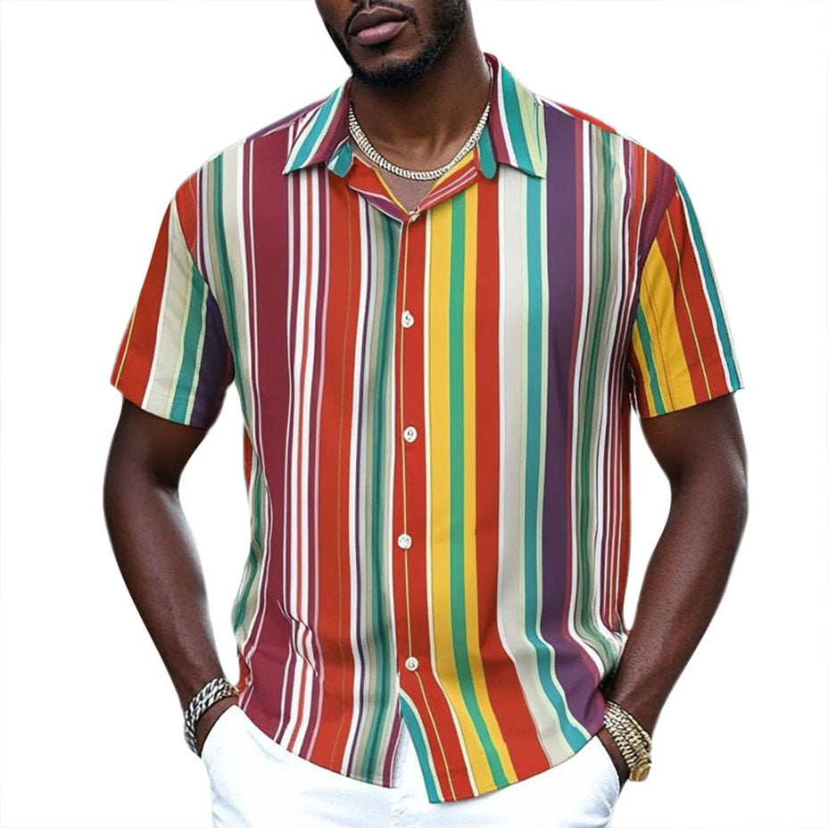 Men's fashionable casual rainbow-colored striped short-sleeved shirt