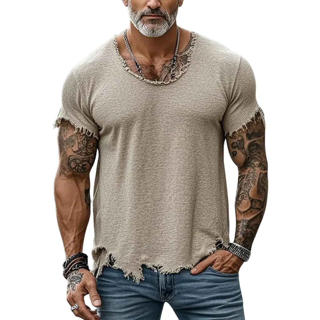 Men's fashionable casual khaki fringed T-shirt