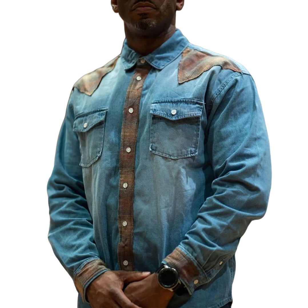 Men's fashionable casual blue denim long-sleeved shirt