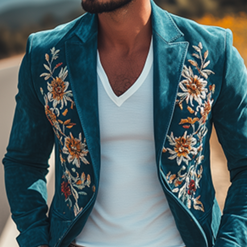 Men's Classic Retro Casual Slim Fit Western Style Embroidered Suede Blazer