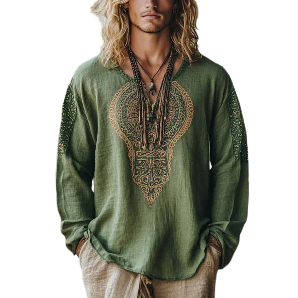 Herren-Oberteil im Bohemian-Urlaubsstil, Vintage-Stil, bedrucktes Leinen, lässig, langärmelig 