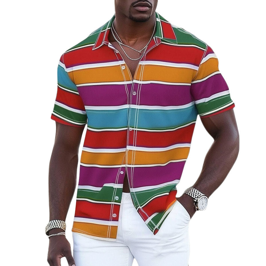 Men's fashionable casual rainbow-colored striped short-sleeved shirt