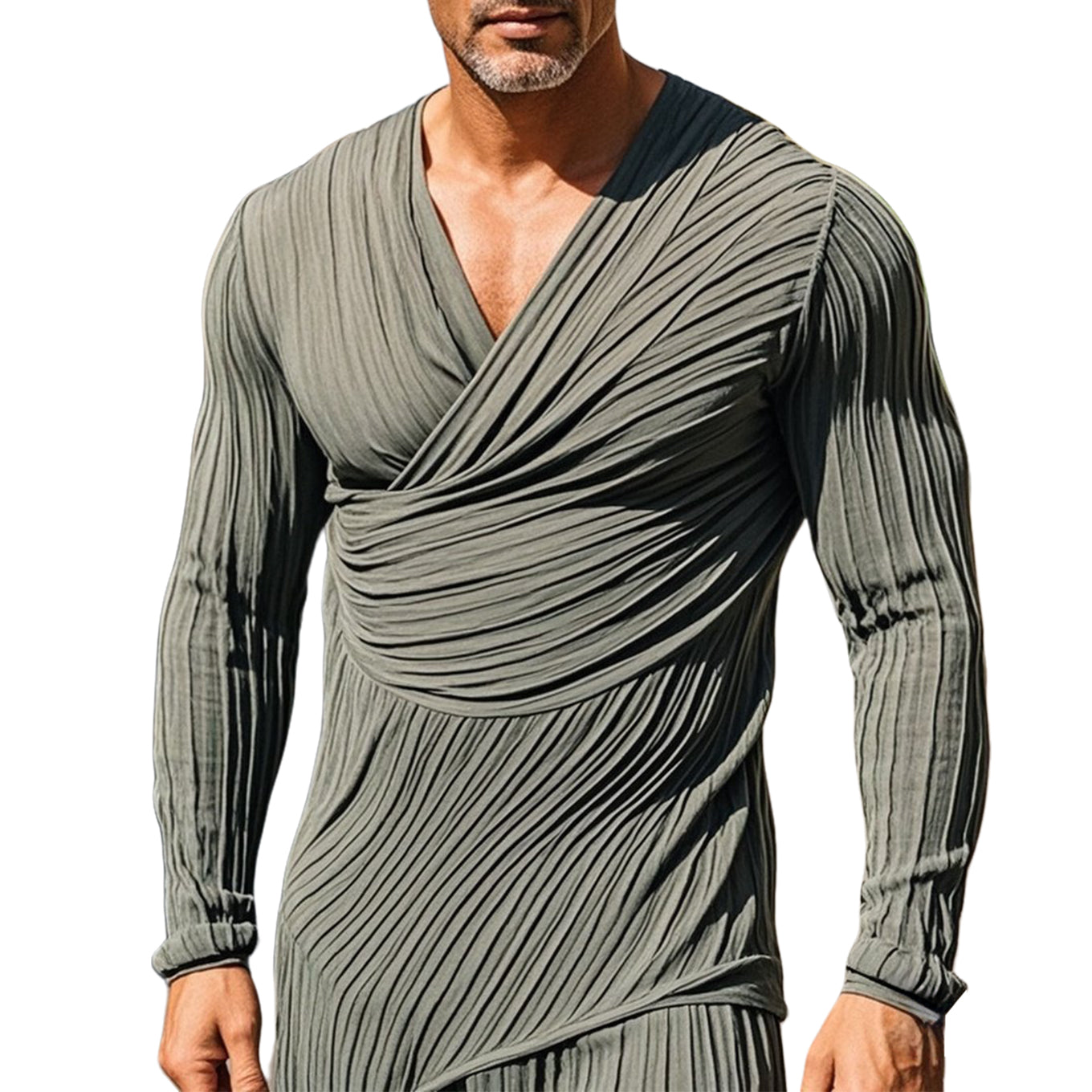 Men's fashionable casual grey pleated long-sleeved T-shirt