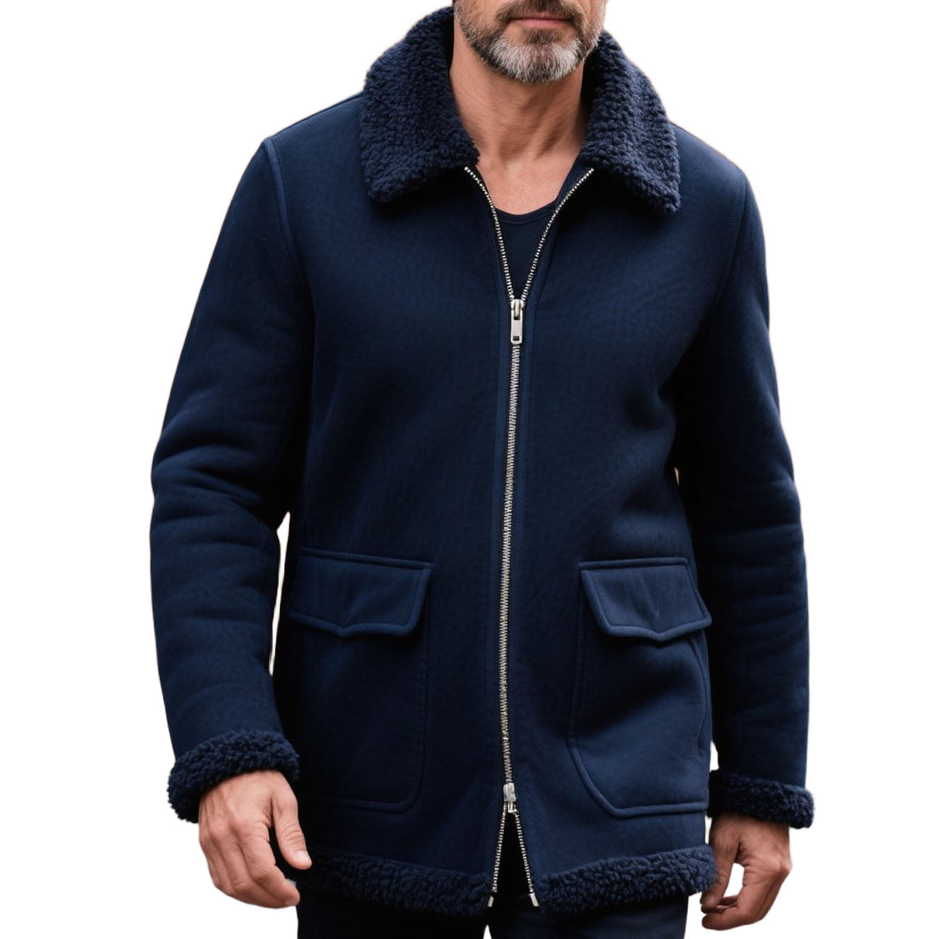 Men's fashionable casual navy blue zipper jacket
