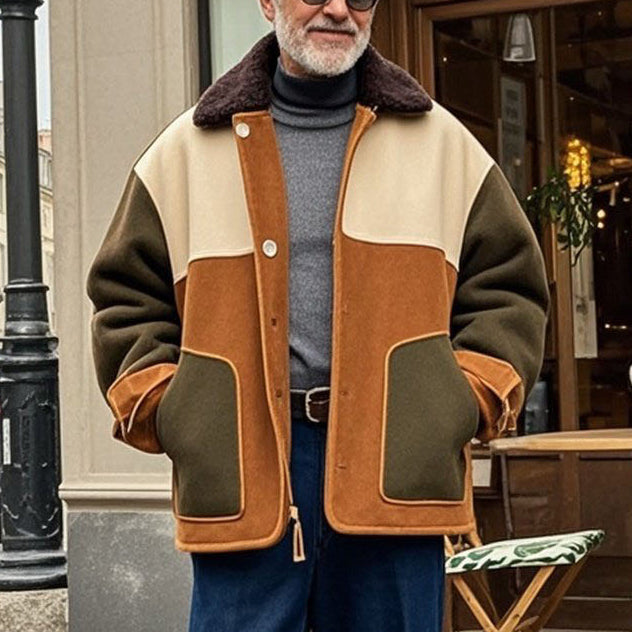 Men's fashionable and casual two-tone suede lapel jacket
