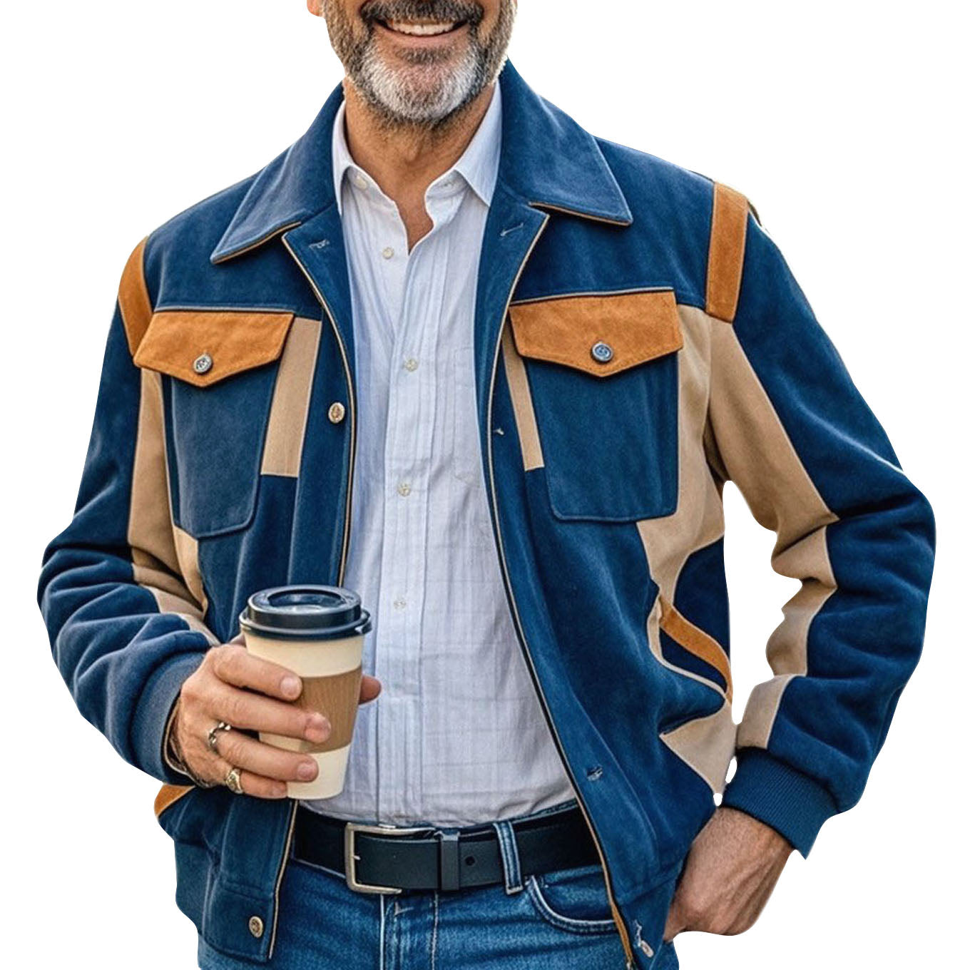 Veste en daim bicolore bleu marine décontractée à la mode pour homme