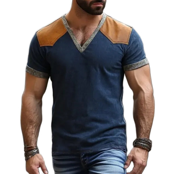 Men's Retro Casual Leather Stitching Short Sleeve T-Shirt