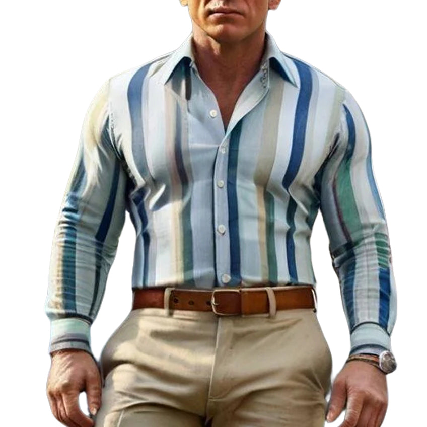 Men's fashionable and casual blue striped long-sleeved shirt