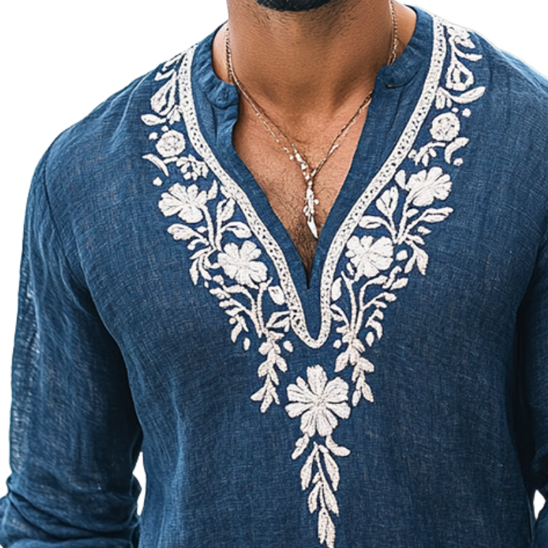 Men's Vintage Casual Embroidered Cotton and Linen Henley Collar Long Sleeve Shirt