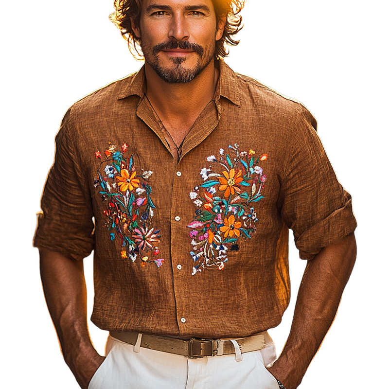 Men's Vintage Cotton and Linen Embroidered Casual Long Sleeve Shirt