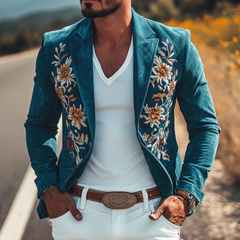 Men's Classic Retro Casual Slim Fit Western Style Embroidered Suede Blazer