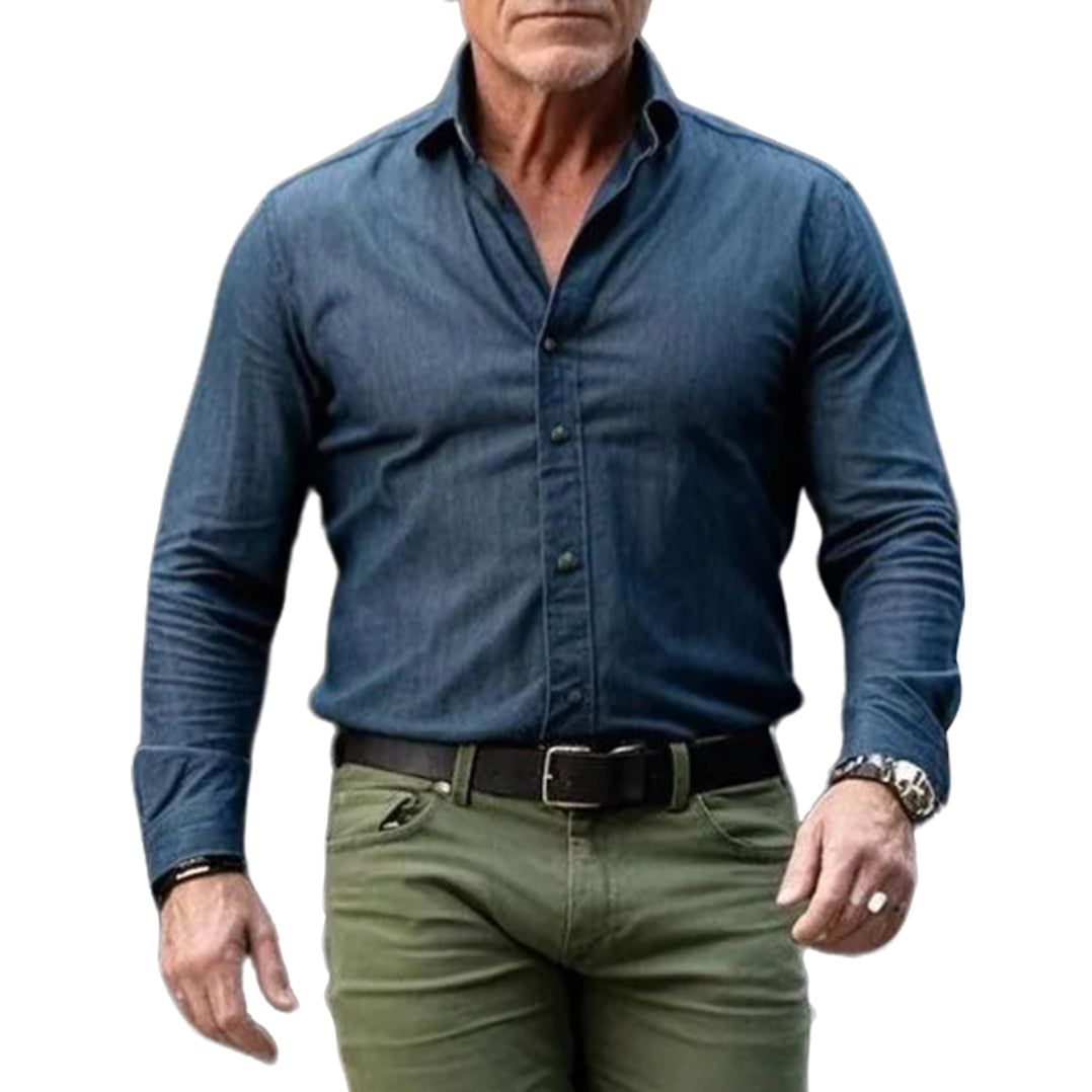 Men's fashionable casual blue denim long-sleeved shirt