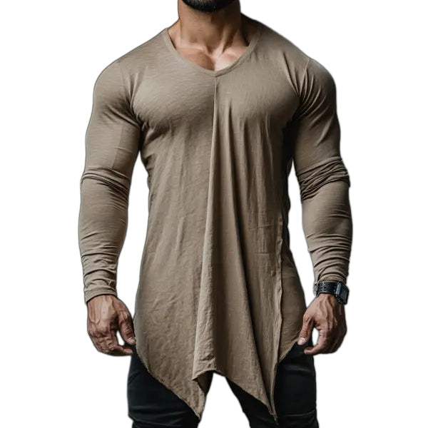 Men's Casual V-neck Comfortable Breathable Linen Long Sleeve T-shirt Splicing Design Linen Pullover Top