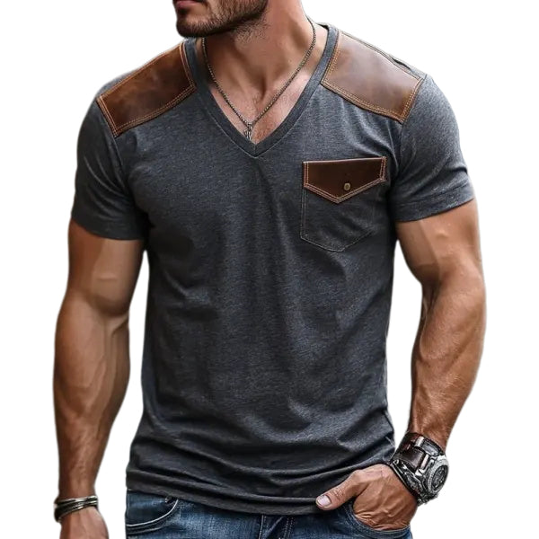 Men's Retro Casual Leather Stitching Short Sleeve T-Shirt
