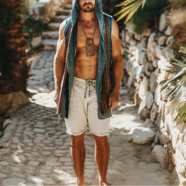 Men's Holiday Retro Ethnic Style Hooded Sleeveless Button-down Shirt