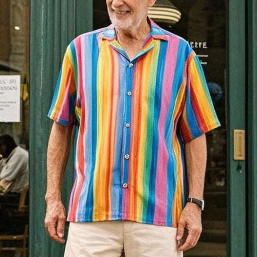 Men's fashionable casual rainbow-colored striped short-sleeved shirt