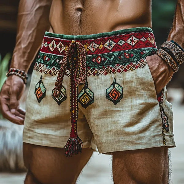 Men's Holiday Bohemian Ethnic Casual Breathable Linen Shorts