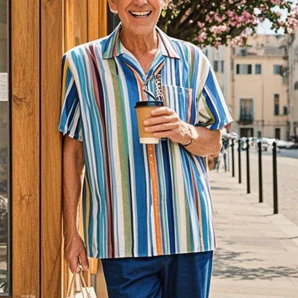 Men's fashionable casual rainbow-colored striped short-sleeved shirt