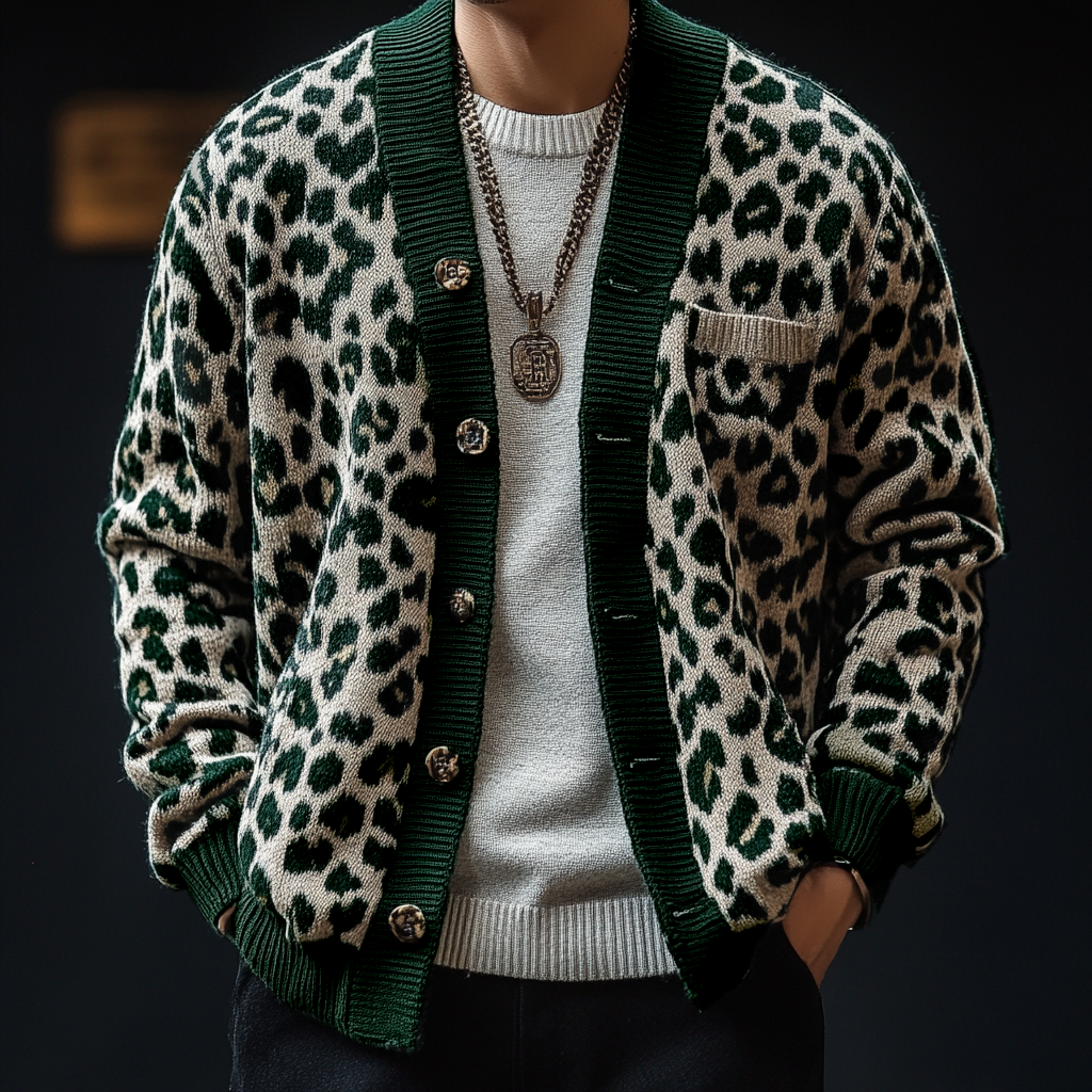 Men's Vintage Leopard Jacquard Colorblock Single Breasted Cardigan
