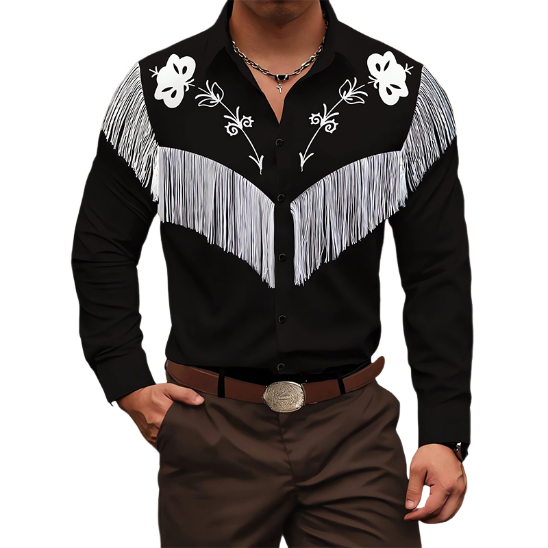 Men's Vintage Embroidered Tassel Long Sleeve Cotton Shirt