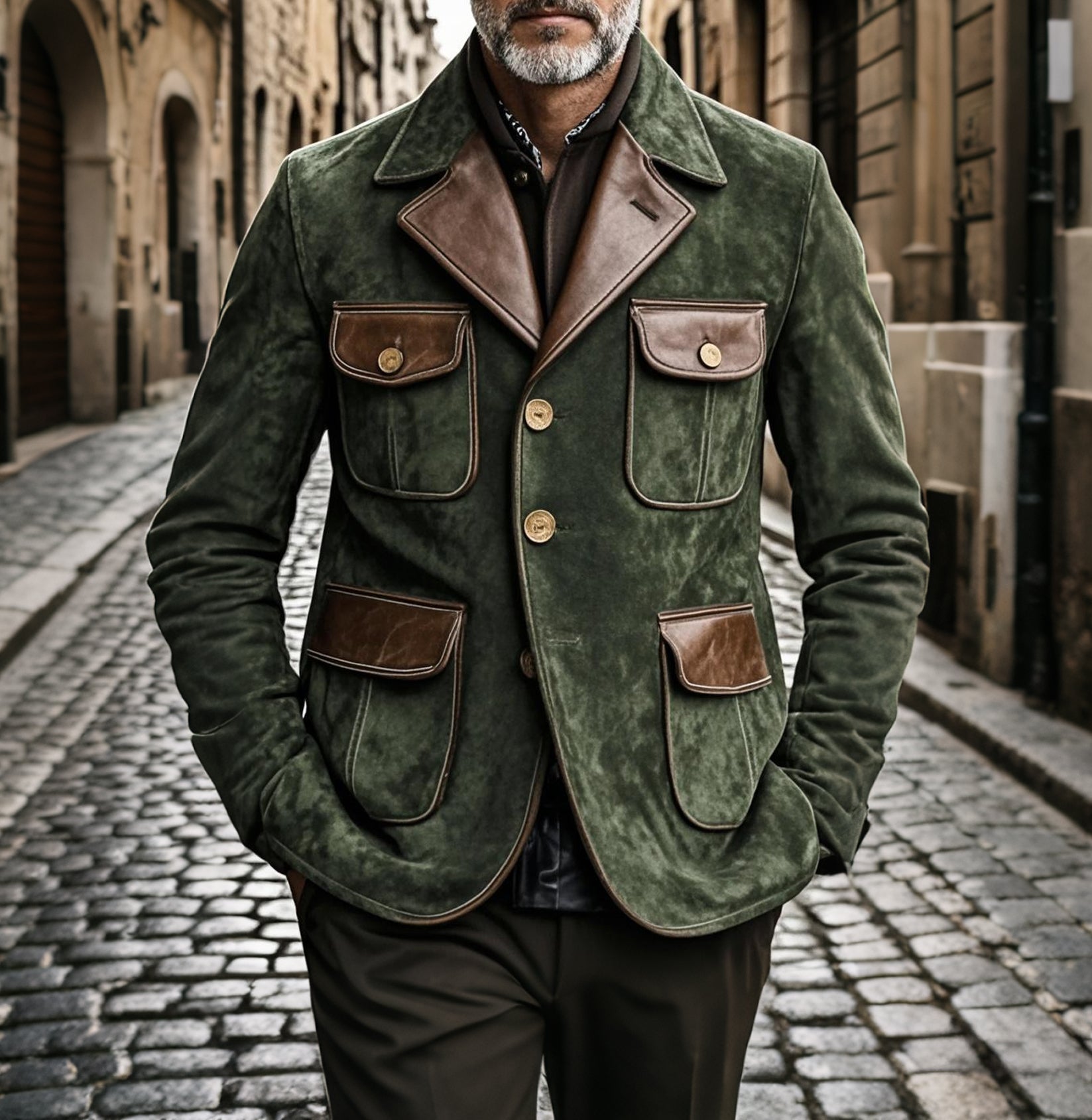Men's fashionable casual military green suede patchwork jacket