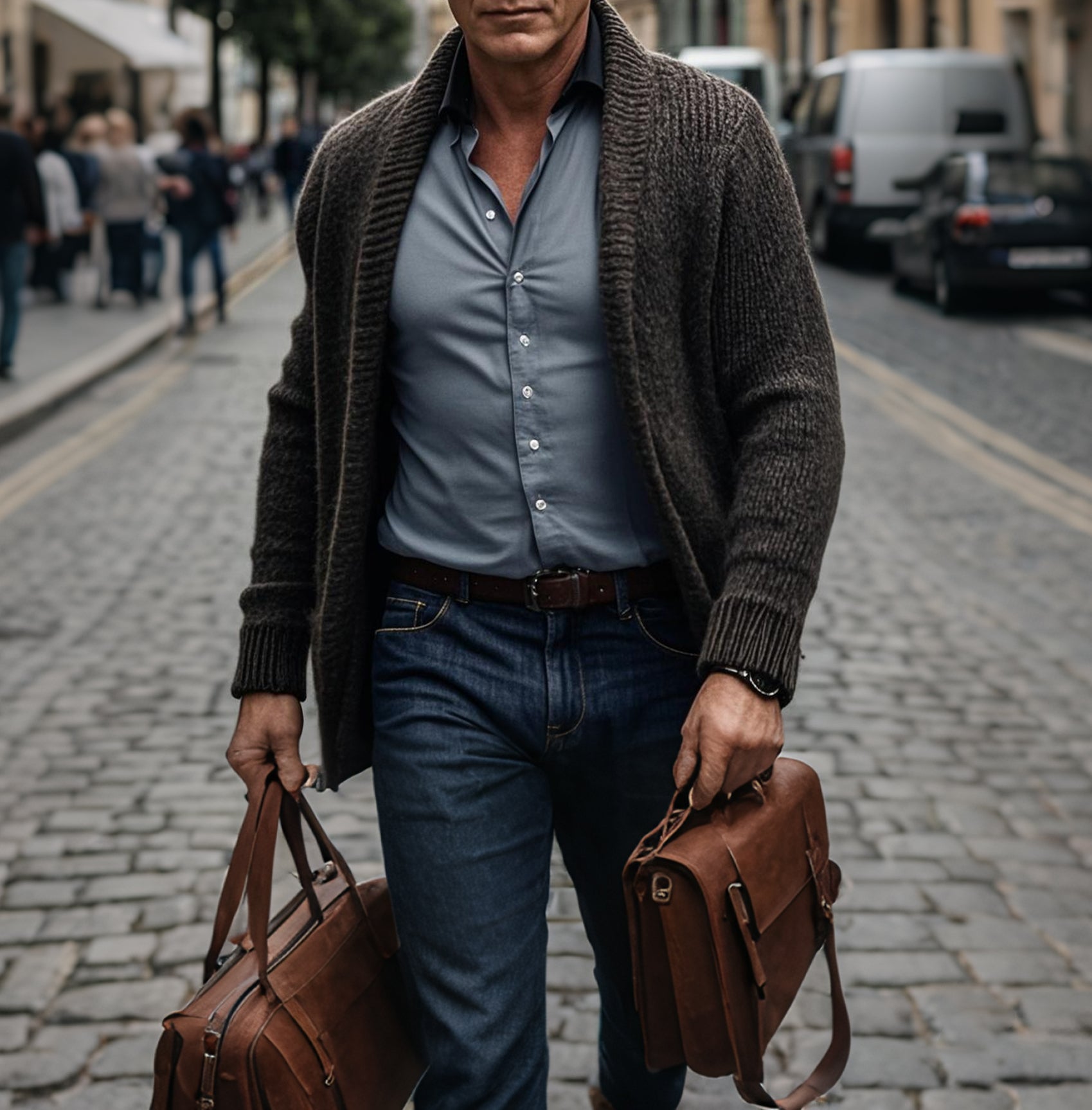 Pull cardigan marron décontracté à la mode pour hommes