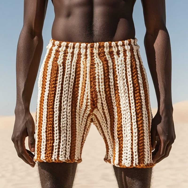 Men's Casual Contrast Color Striped Knitted Elastic Waist Shorts ASW1453D6M