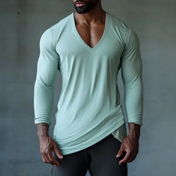 Men's Casual V-neck Super Stretch Comfortable Breathable Long-sleeved T-shirt Pleated Design Top