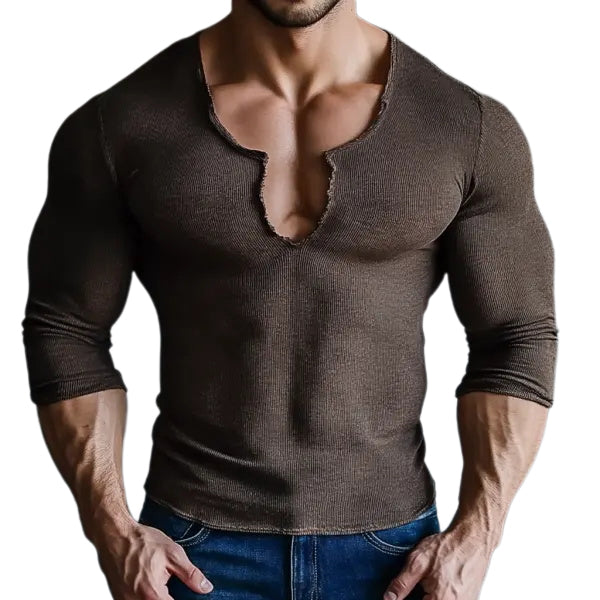 Men's Casual V-neck Super Stretch Comfortable Breathable Long-sleeved T-shirt Thread Casual Fitness Daily T-shirt