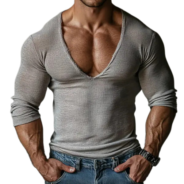 Men's Casual V-neck Super Stretch Comfortable Breathable Long-sleeved T-shirt Casual Fitness Slim T-shirt