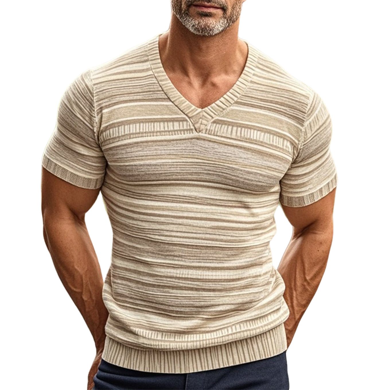 Men's fashionable casual striped color-blocked T-shirt