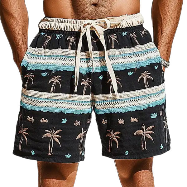 Men's Holiday Crochet Knitted Patchwork Palm Tree Casual Shorts