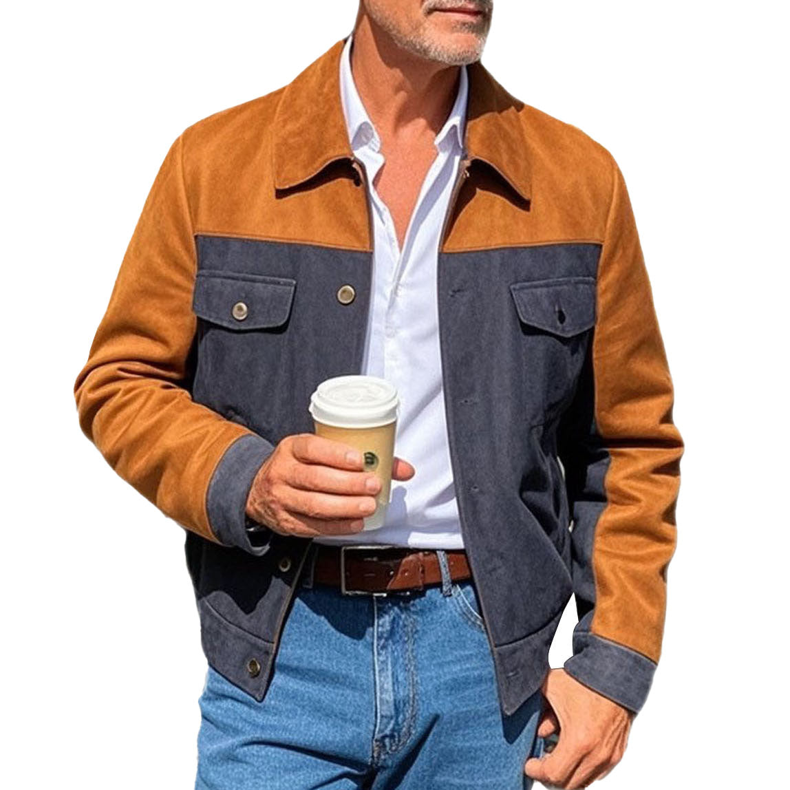 Veste en daim bicolore marron décontractée à la mode pour homme