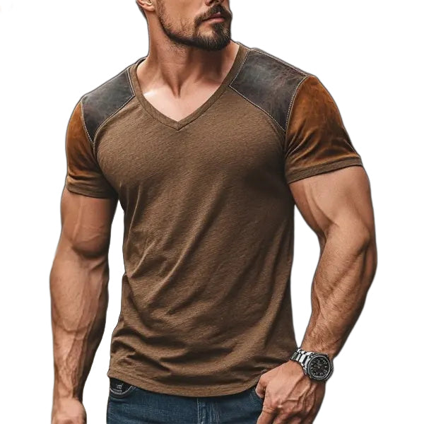 Men's Retro Casual Leather Stitching Short Sleeve T-Shirt
