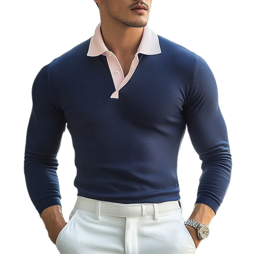 Modisches und lässiges marineblaues Langarm-Poloshirt für Herren