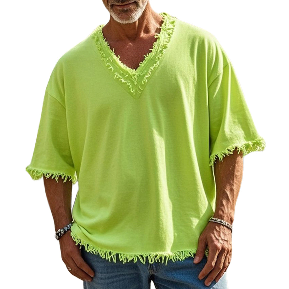 Men's fashionable and casual fringed short-sleeved T-shirt