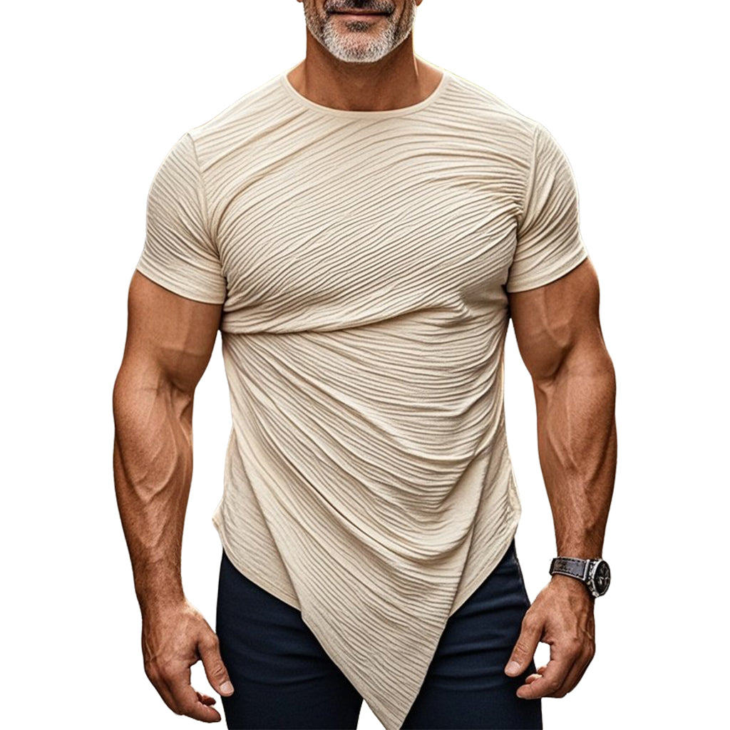 Men's fashionable casual beige pleated short-sleeved T-shirt