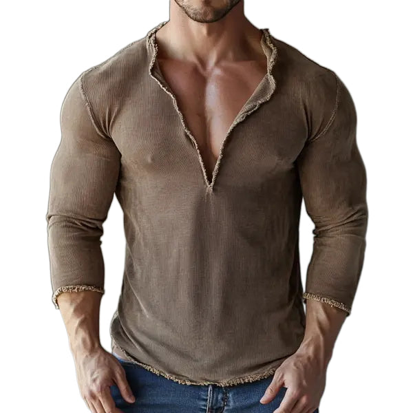 Retro Men's Casual V-neck Comfortable Breathable Long-sleeved T-shirt Casual Fitness Slim T-shirt