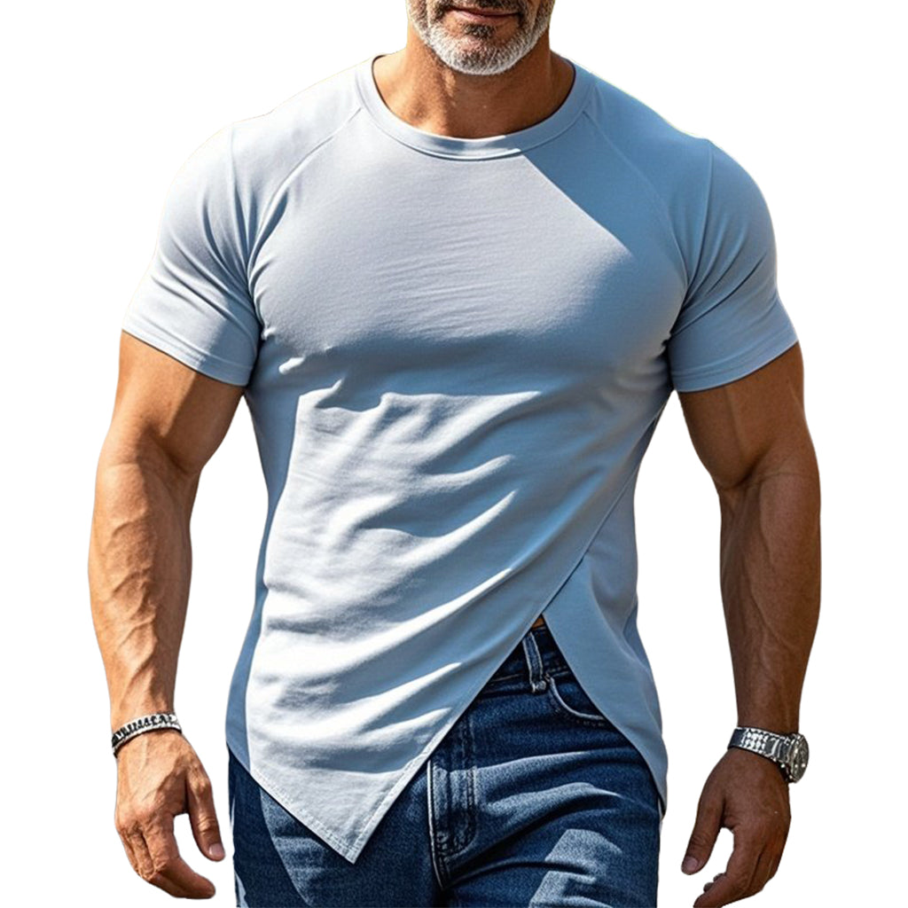 Men's fashionable casual blue pleated short-sleeved T-shirt
