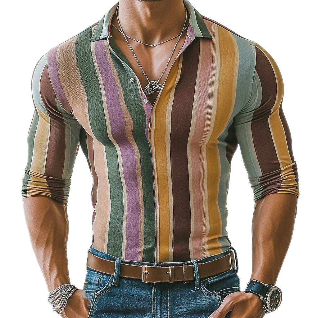 Modisches, lässiges, mehrfarbig gestreiftes Langarm-Poloshirt für Herren