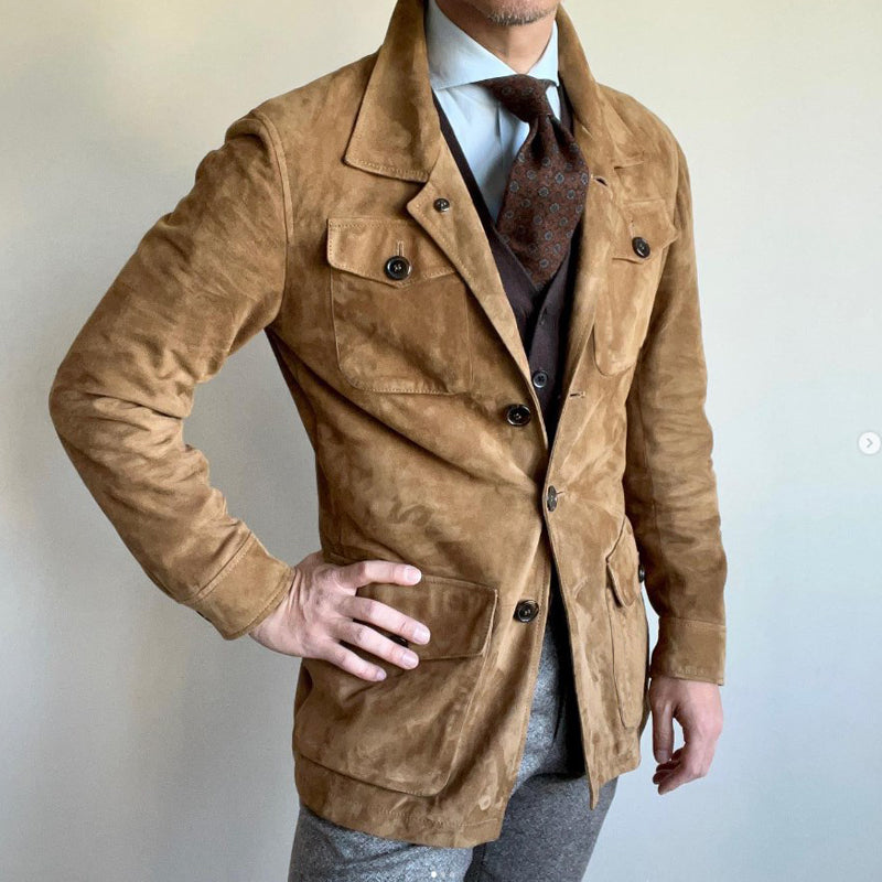 Men's Vintage Solid Suede Lapel Multi-Pocket Jacket
