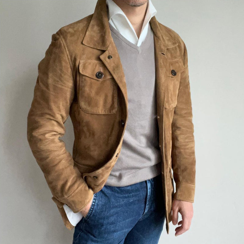 Men's Vintage Solid Suede Lapel Multi-Pocket Jacket