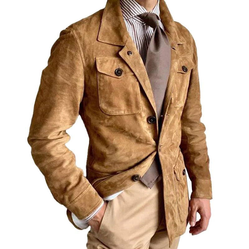 Men's Vintage Solid Suede Lapel Multi-Pocket Jacket
