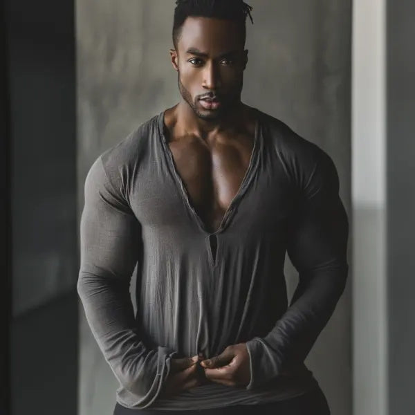 Men's Casual V-neck Comfortable Breathable Linen Long-sleeved T-shirt Linen Pullover Top