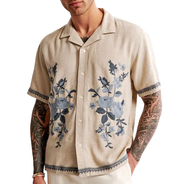 Men's fashionable casual short-sleeved shirt with floral prints