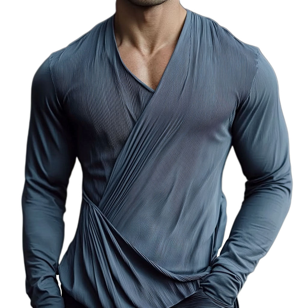 Modisches und lässiges dunkelgraues Herren-Langarmshirt mit V-Ausschnitt und Plissee