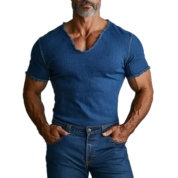 Men's Retro Denim V-Neck V-Neck T-Shirt With Frayed Edges